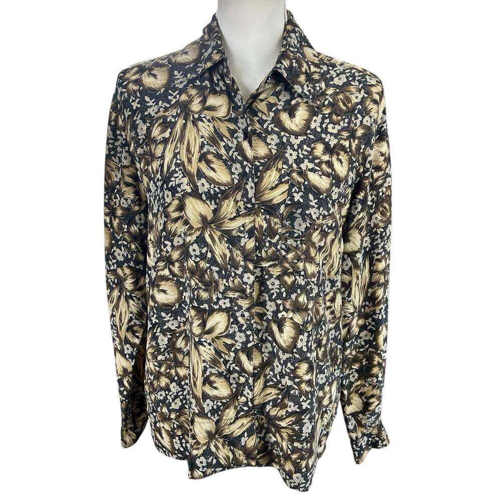 Tess Silk Shirt Women Sze M Brown Tan Floral Lightweight Classic Button Up Tunic